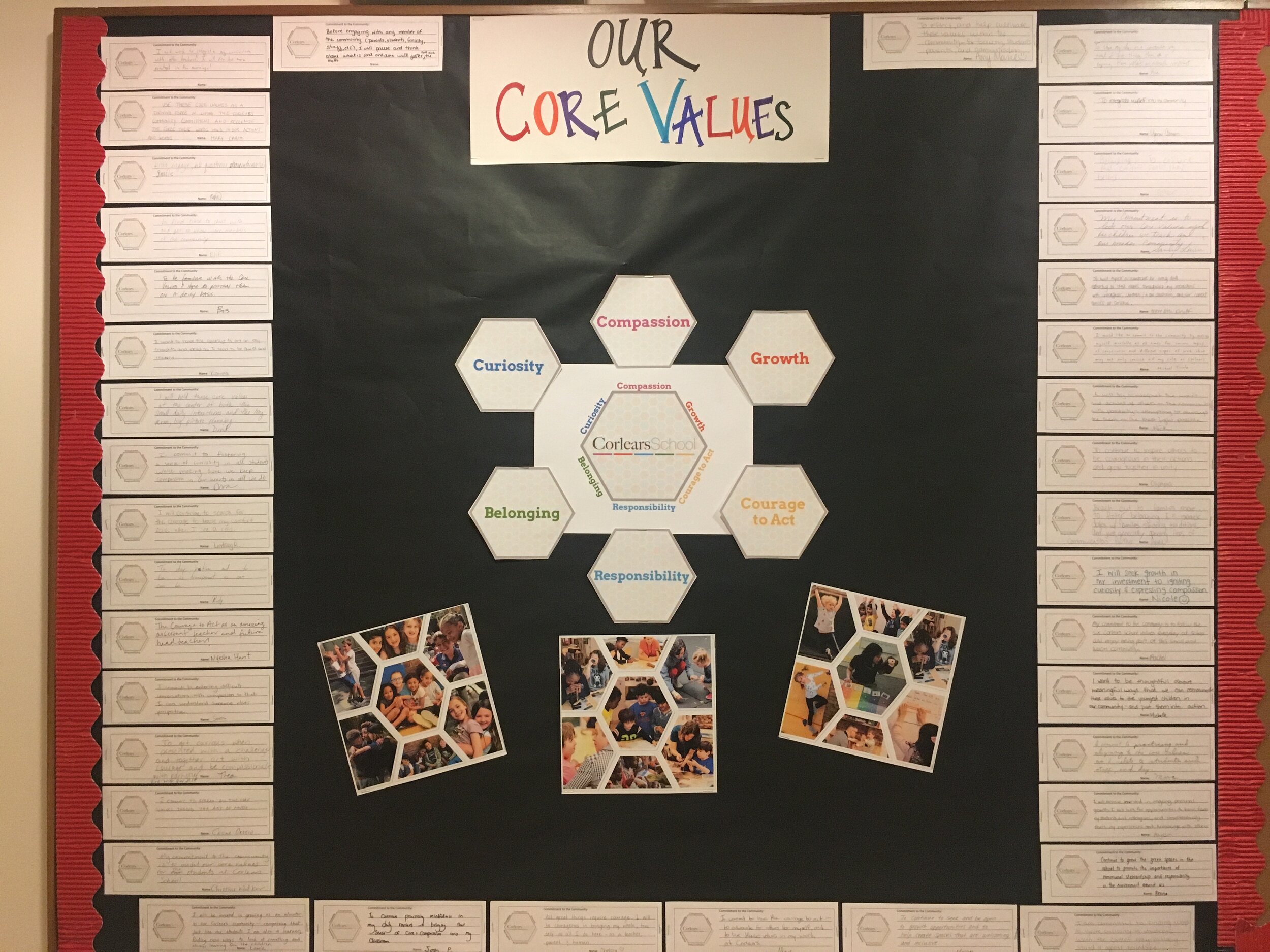 A bulletin board displaying faculty and staff’s commitments to living and upholding the values at Corlears.
